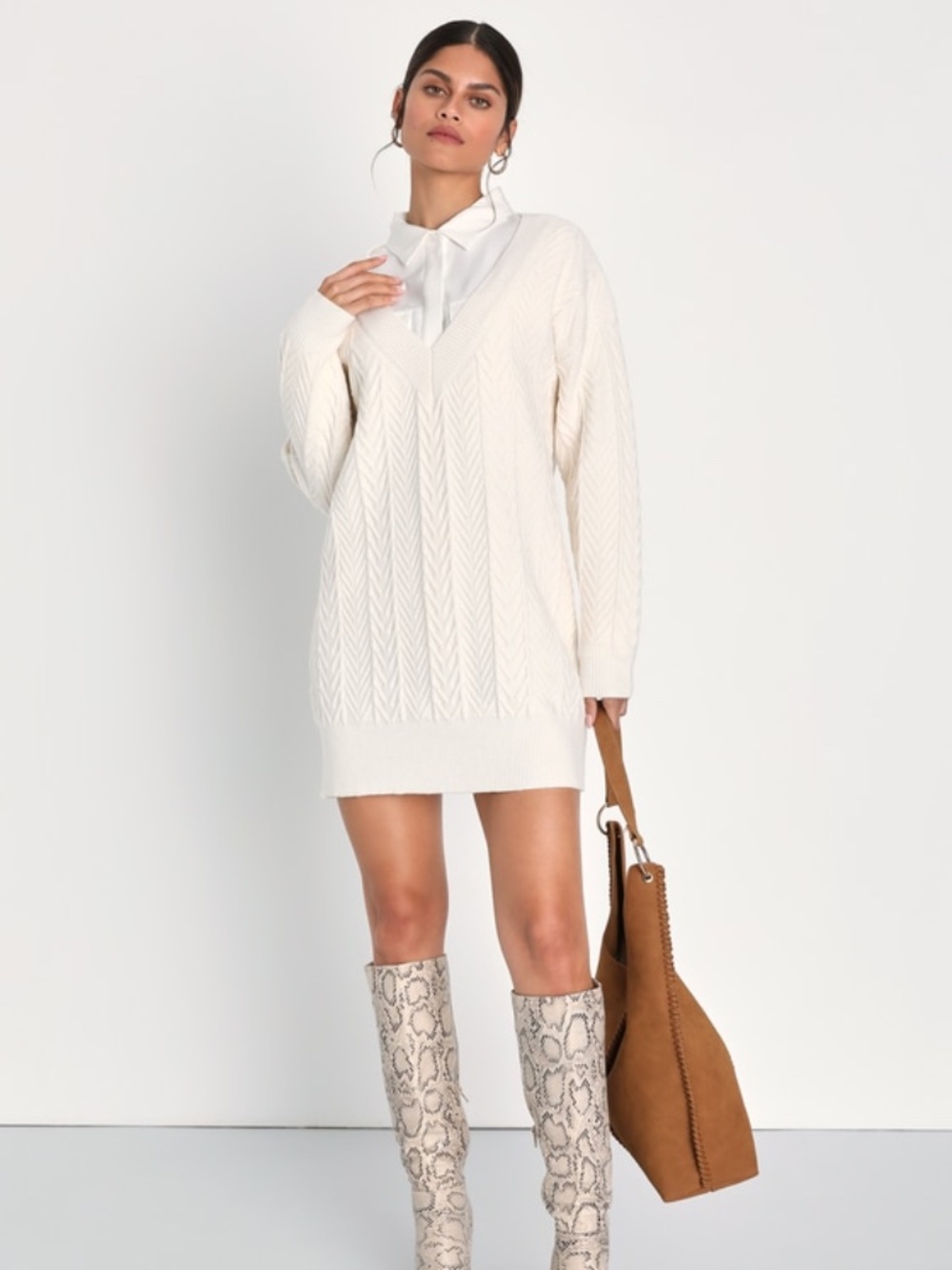 Lulus Daily Cozy Ivory Geometric Knit Long Sleeve Sweater Mini Dress White